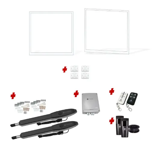 [FRAME12-1785WH-EXTCLAD x2+HINGES+Orion-LS] 3600mm Double Swing Driveway Gates Opening (1200mm H) 3.6×1.2m Cladding Gate Frames (External Cladding) (Pearl Gloss White Powder Coat) with Double Swing automatic gate motor